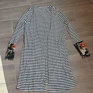 Striped Long Cardigan with Floral Accents